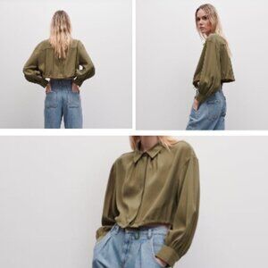 Zara Crop Button Down Shirt with Drawstring - Olive